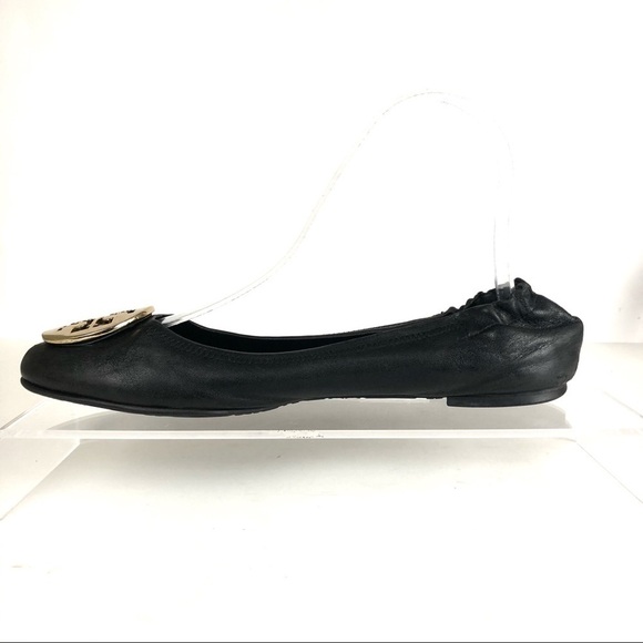 Tory Burch Reva Black Leather Ballet Flats Gold Logo Sz 7.5 - Picture 6 of 7